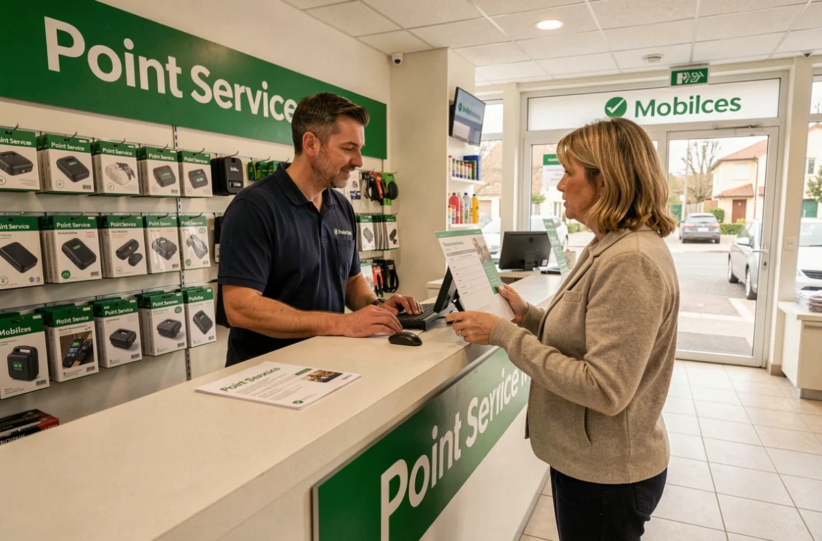 Technicien Point Service Mobiles expliquant un devis de réparation à une cliente en boutique