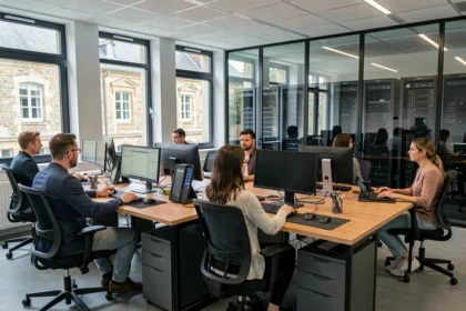 Bureau informatique moderne en Bourgogne-Franche-Comté avec des professionnels IT travaillant sur des postes de travail équipés