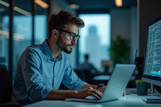 Jeune professionnel IT concentré sur son laptop en bureau moderne