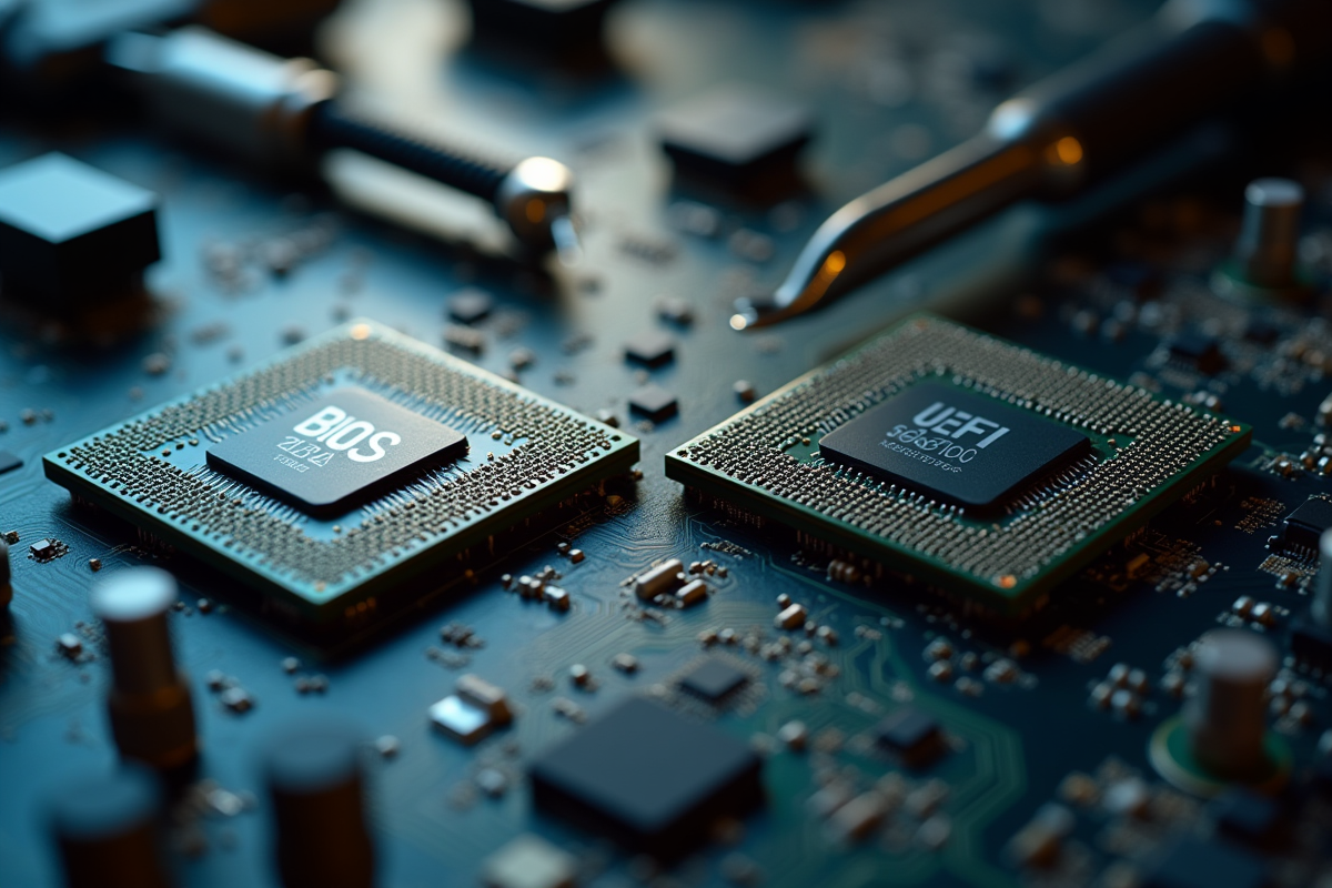 Close-up de puces BIOS et UEFI avec outils électroniques
