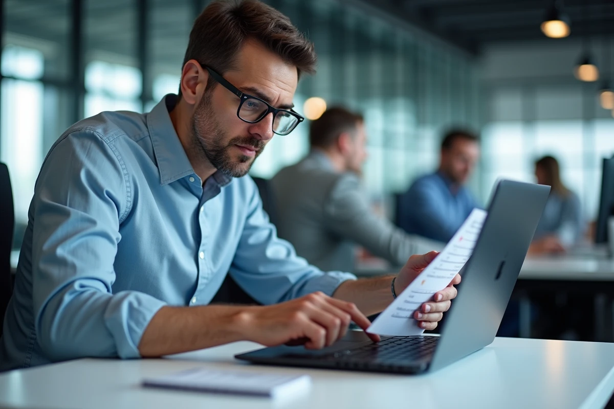 Homme cherchant le raccourci clavier couper sur son PC portable en open space