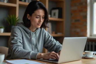 Femme utilisant un raccourci clavier sur un PC portable dans un bureau à domicile