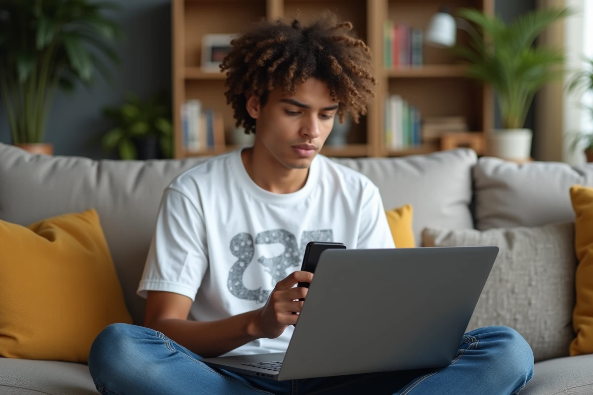 Jeune personne identifiant les touches raccourcis couper sur un PC portable depuis son canapé
