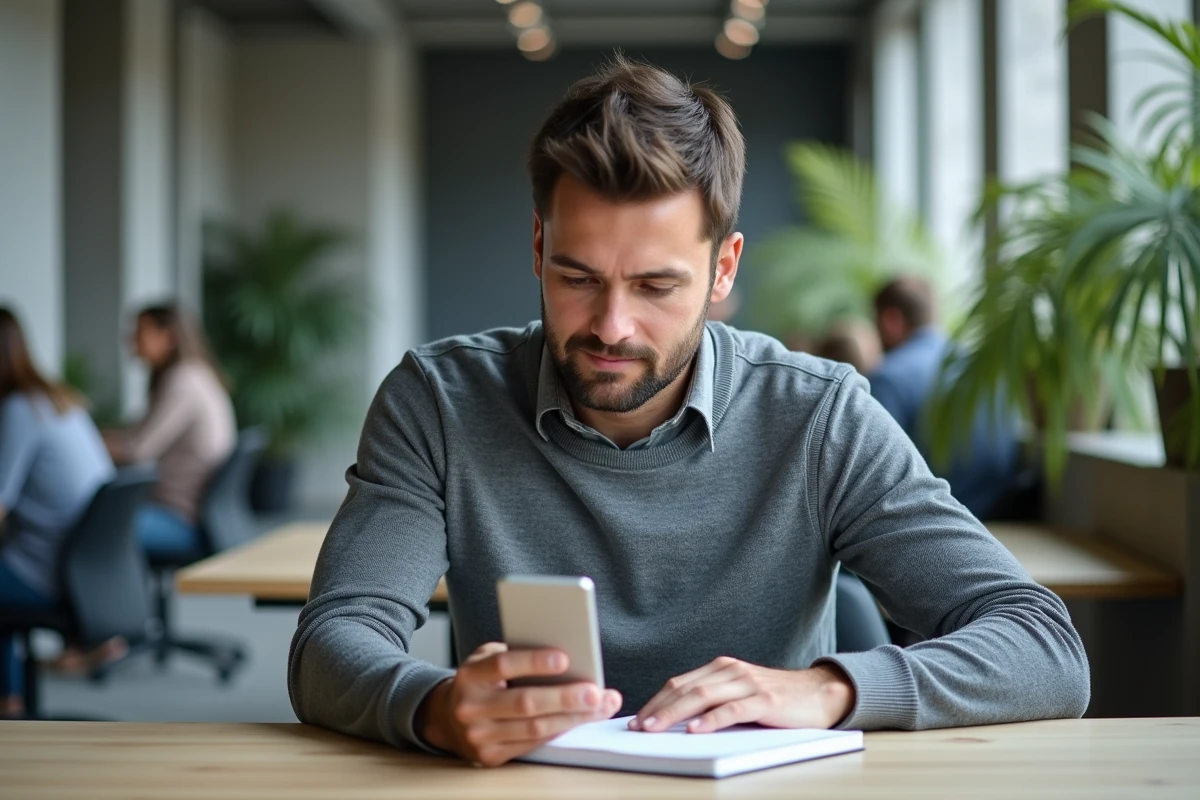 Homme dans un espace de coworking consultant son téléphone pour récupérer un mot de passe perdu sur une plateforme éducative