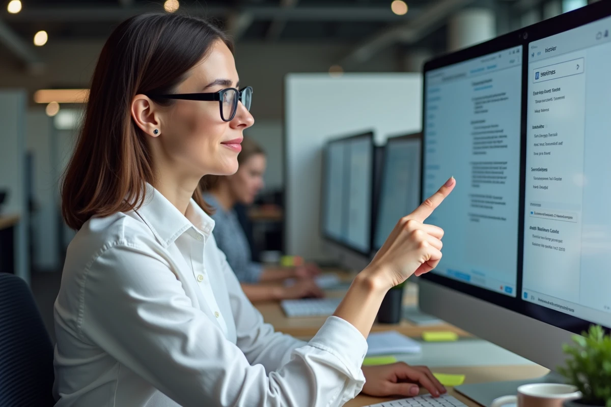 Femme professionnelle paramétrant les filtres anti-spam et l'authentification de sa messagerie Free dans un bureau moderne