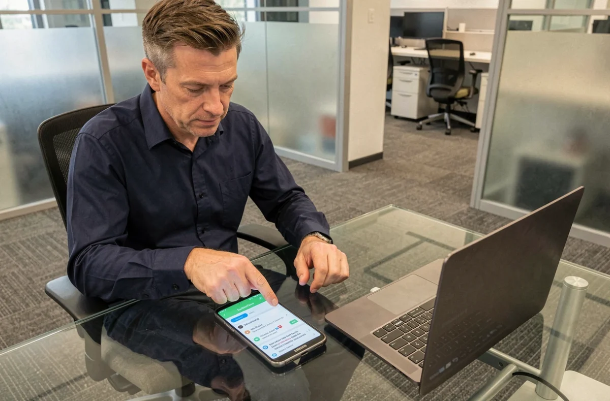 Homme comparant des éléments copiés dans l'historique du presse-papier Android sur son bureau en open space