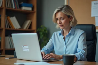 Femme en bureau administratif tentant de réinitialiser un mot de passe oublié sur un ordinateur portable
