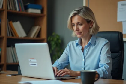 Femme en bureau administratif tentant de réinitialiser un mot de passe oublié sur un ordinateur portable