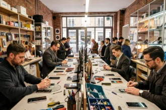 Vue d'ensemble d'un atelier de réparation de smartphones en Île-de-France avec techniciens et clients