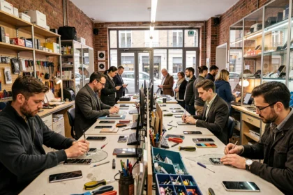 Vue d'ensemble d'un atelier de réparation de smartphones en Île-de-France avec techniciens et clients