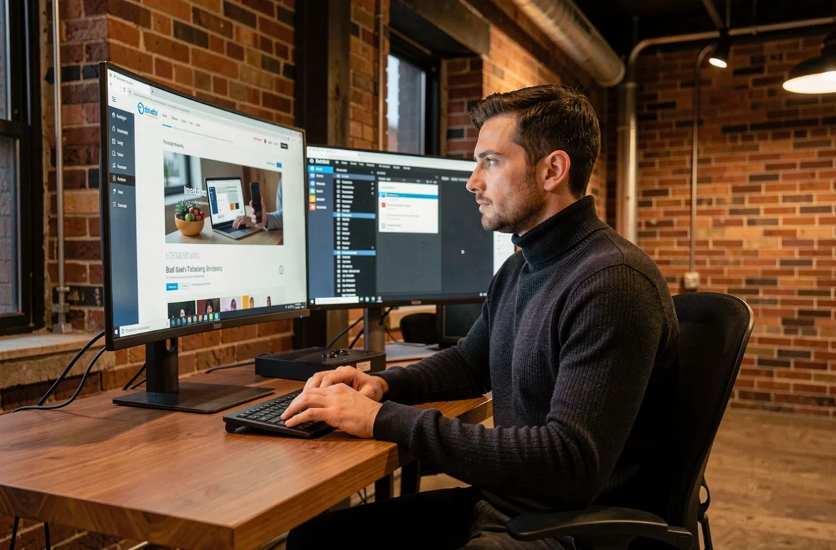 Technologue créatif de Republik Group travaillant sur un projet de branding numérique dans un bureau au style loft industriel