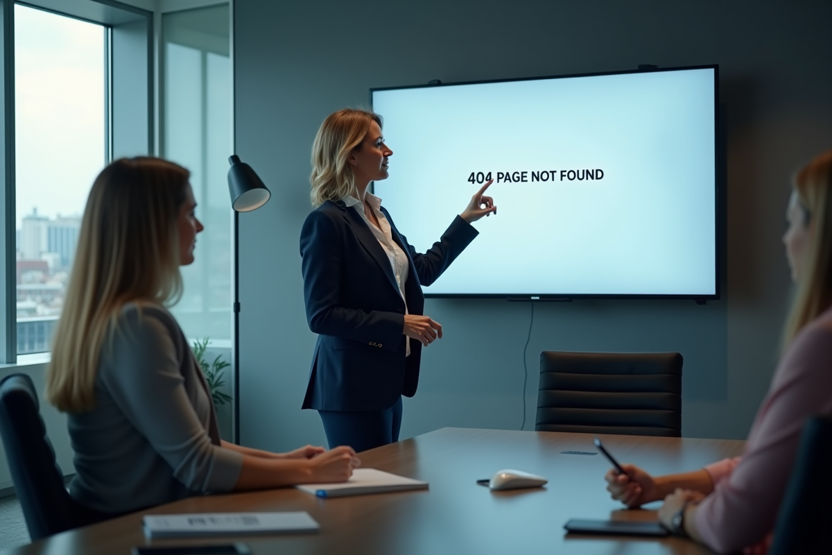 Femme en réunion pointant un graphique 404 sur un mur
