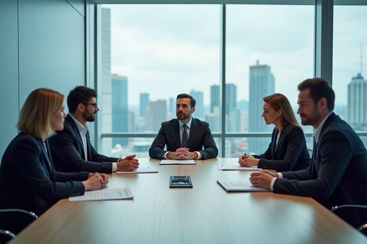 Groupe de dirigeants discutant autour d