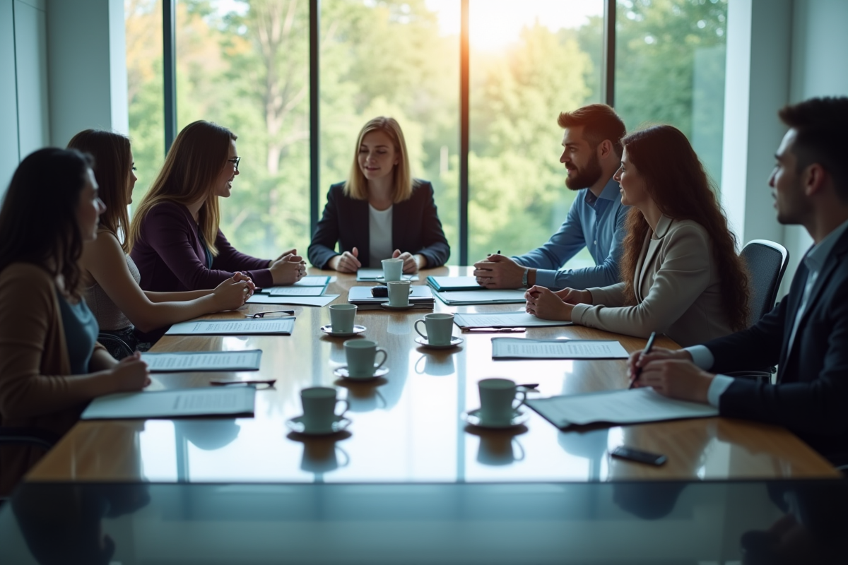 Groupe en réunion discutant des documents ISO 27001 en équipe