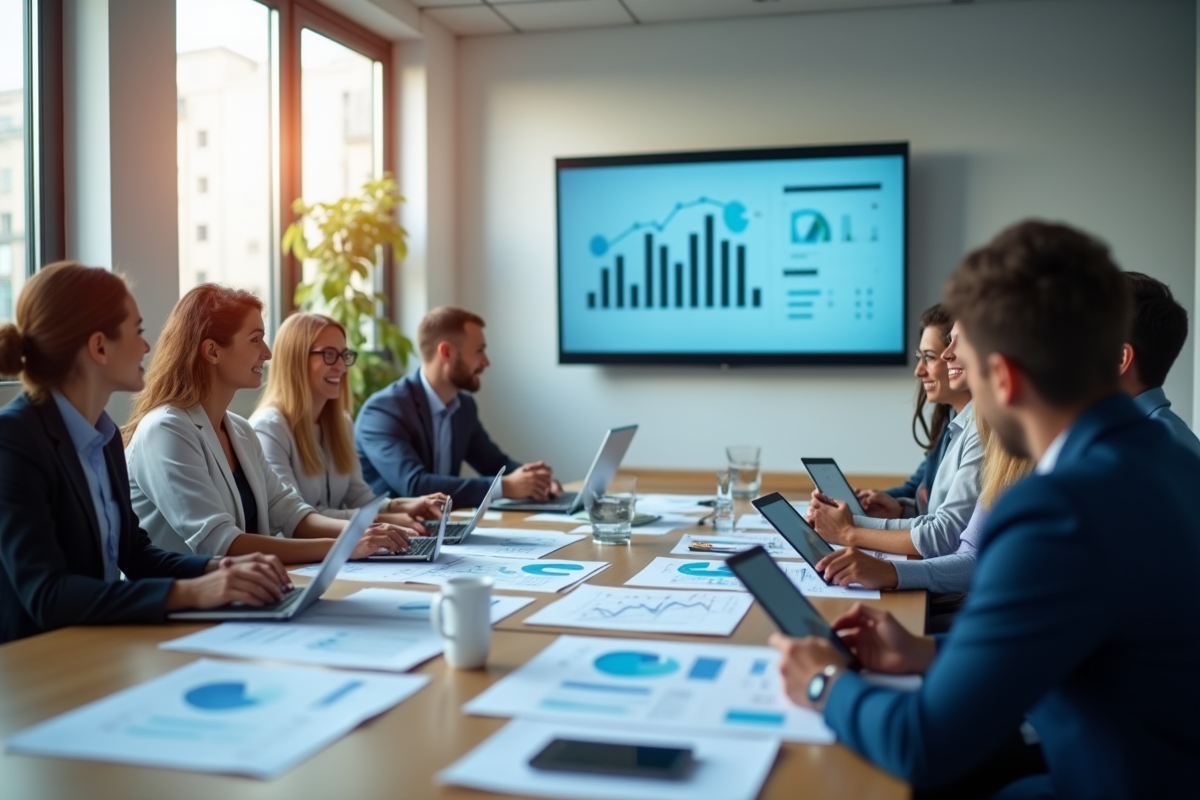 Groupe de professionnels collaborant sur rapports SEO