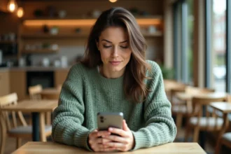 Femme tenant un Samsung Galaxy A51 dans un café moderne, illustrant le positionnement milieu de gamme du smartphone