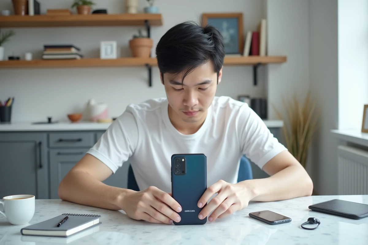 Vue à plat du Samsung Galaxy A51 posé sur un bureau en marbre avec des accessoires quotidiens, soulignant son rapport qualité-prix