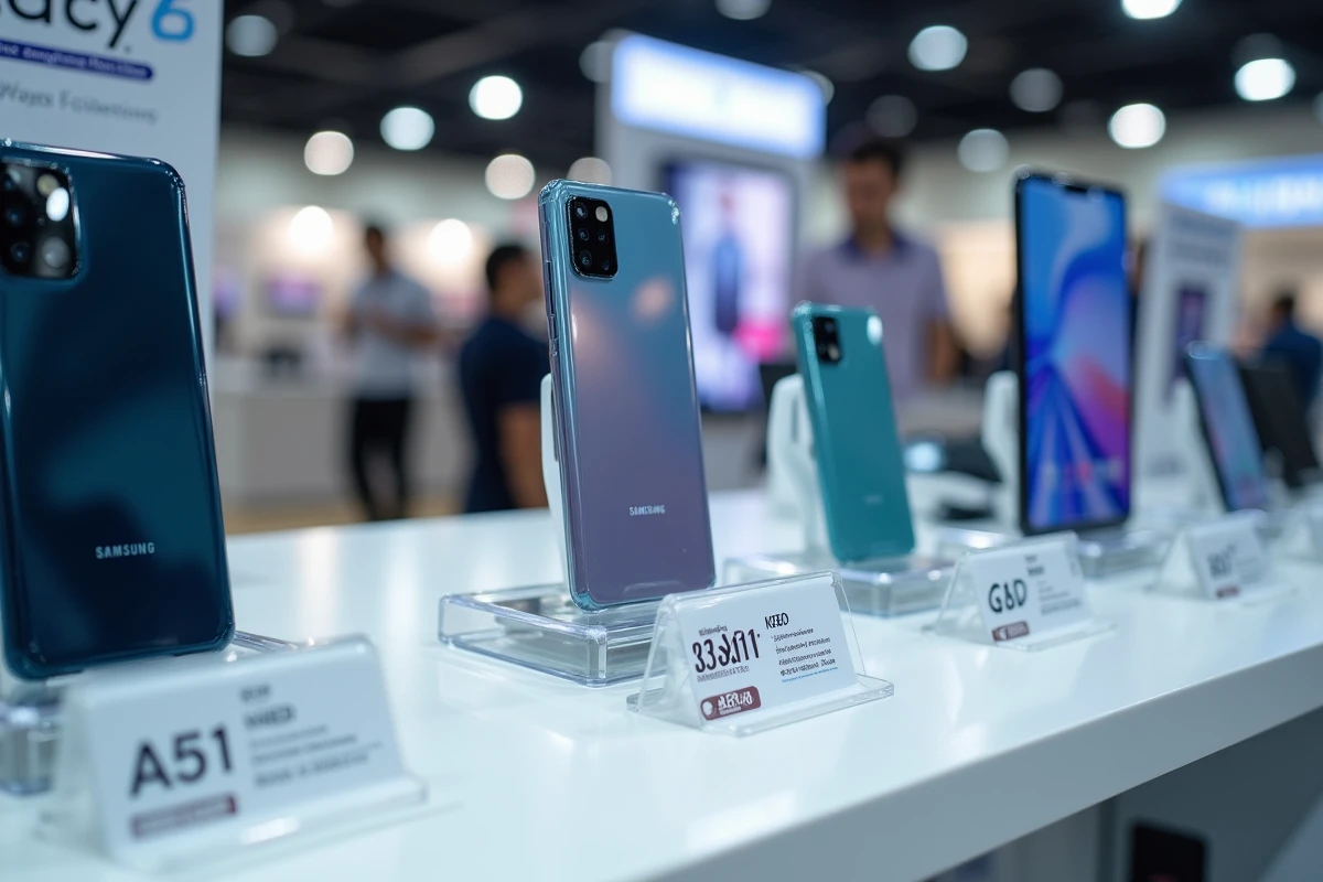 Samsung Galaxy A51 exposé en rayon dans un magasin d'électronique avec étiquettes de prix, reflétant son positionnement milieu de gamme