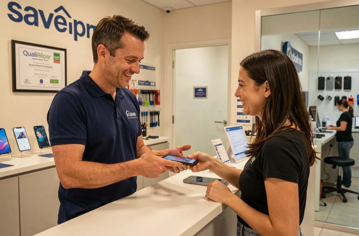 Technicien Save Reims labellisé QualiRépar remettant un smartphone réparé à une cliente satisfaite