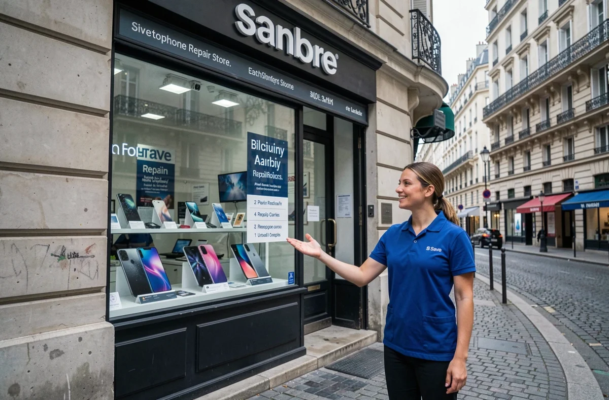 Boutique Save de réparation de smartphones dans une rue parisienne avec technicienne en uniforme