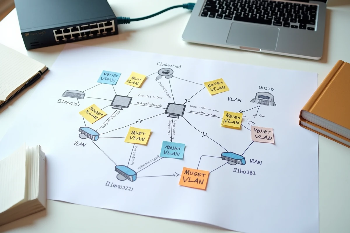 Vue aérienne d'un bureau avec schéma réseau VLAN dessiné à la main, switch administrable et câbles Ethernet colorés pour illustrer la segmentation réseau