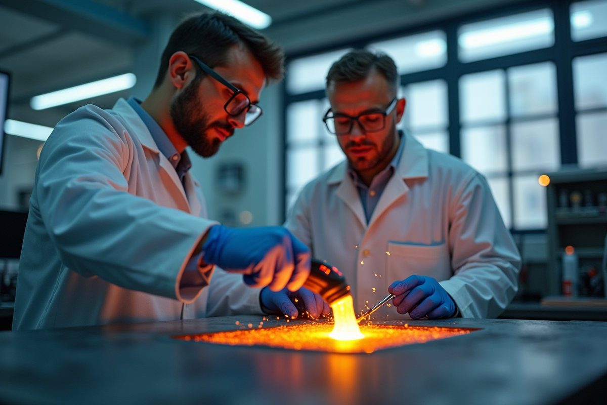 Deux scientifiques en laboratoire observant un thermomètre dans le métal en fusion