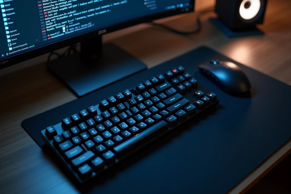 Vue de dessus d'un setup gaming avec écran affichant un tutoriel pour vider le cache FiveM pas à pas