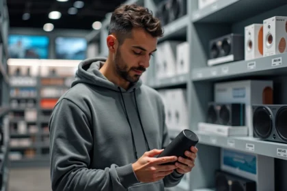 Homme examinant une enceinte Sony dans un magasin d'électronique avec des étiquettes de prix en arrière-plan