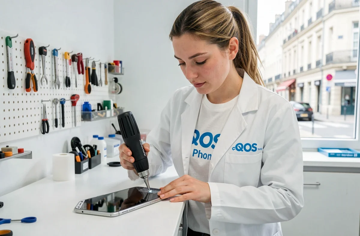 Technicienne SOS Phone Châlons-en-Champagne utilisant un pistolet thermique pour ouvrir un smartphone