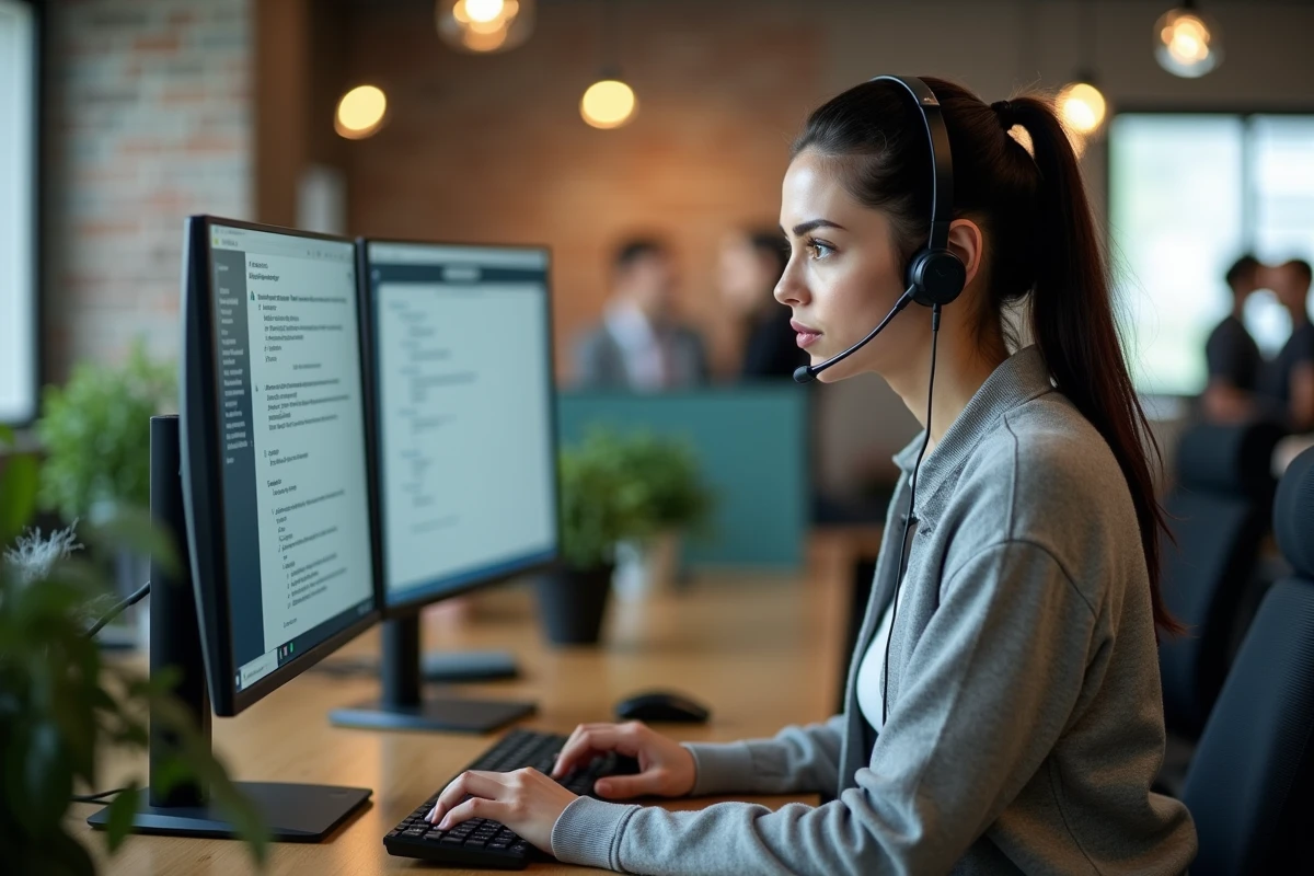 Femme au support client en téléconsultation pour résoudre un problème de bug persistant sur webmail IONOS dans un bureau moderne