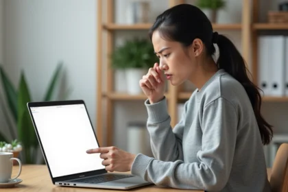 Femme utilisant Word sur un ordinateur portable pour supprimer une page blanche, assise à un bureau en bois dans un bureau à domicile moderne