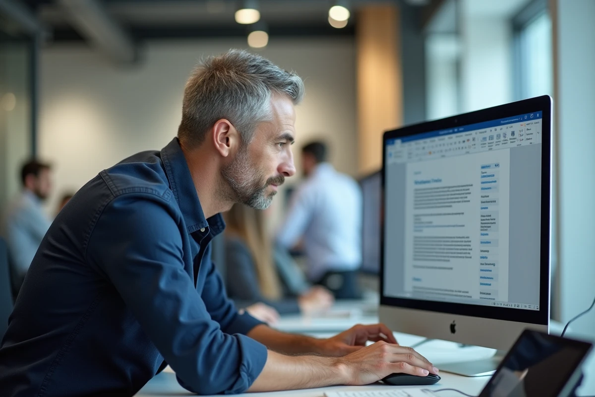 Homme en bureau d'entreprise corrigeant une page blanche dans Microsoft Word sur un grand écran de bureau