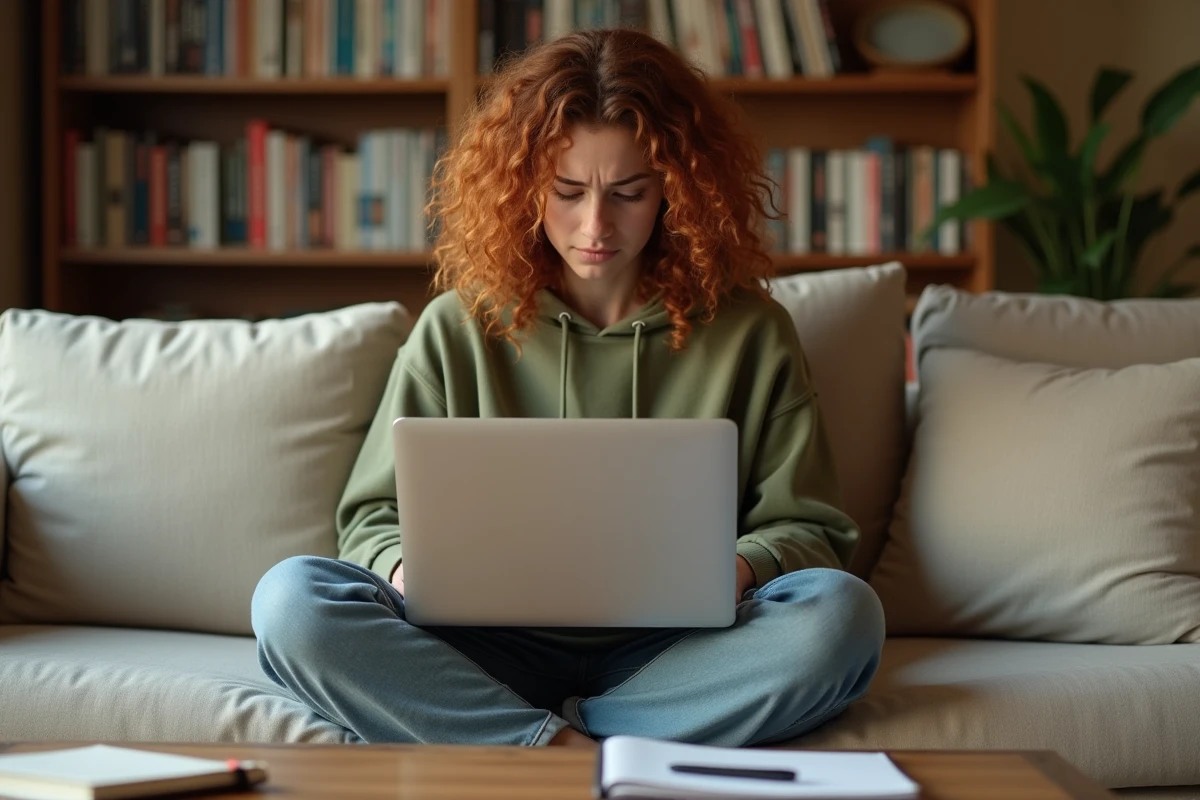 Jeune femme sur un canapé utilisant un MacBook pour supprimer une page blanche dans un document Word