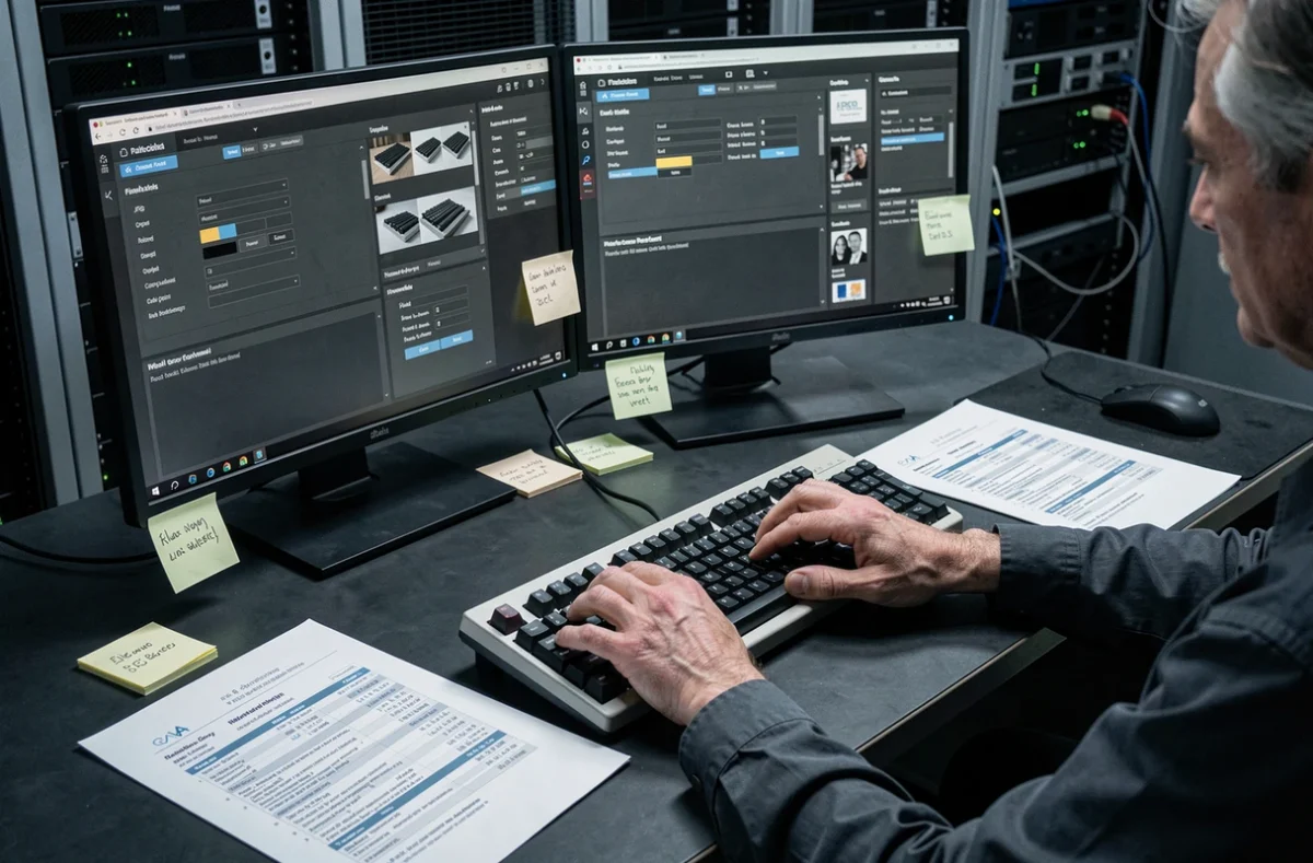 Mains d'un technicien sur un clavier devant deux écrans affichant des paramètres d'export JPEG et de conversion JFIF pour l'optimisation web