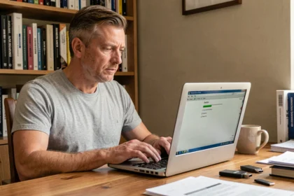 Homme consultant un ancien ordinateur portable affichant une interface Windows avec une barre de téléchargement, dans un bureau à domicile