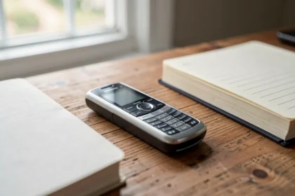 Téléphone à clapet posé sur un bureau en bois près d'un carnet