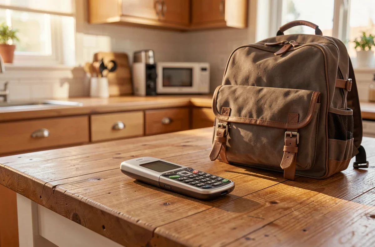 Téléphone à clapet posé sur une table de cuisine à côté d'un sac de cours