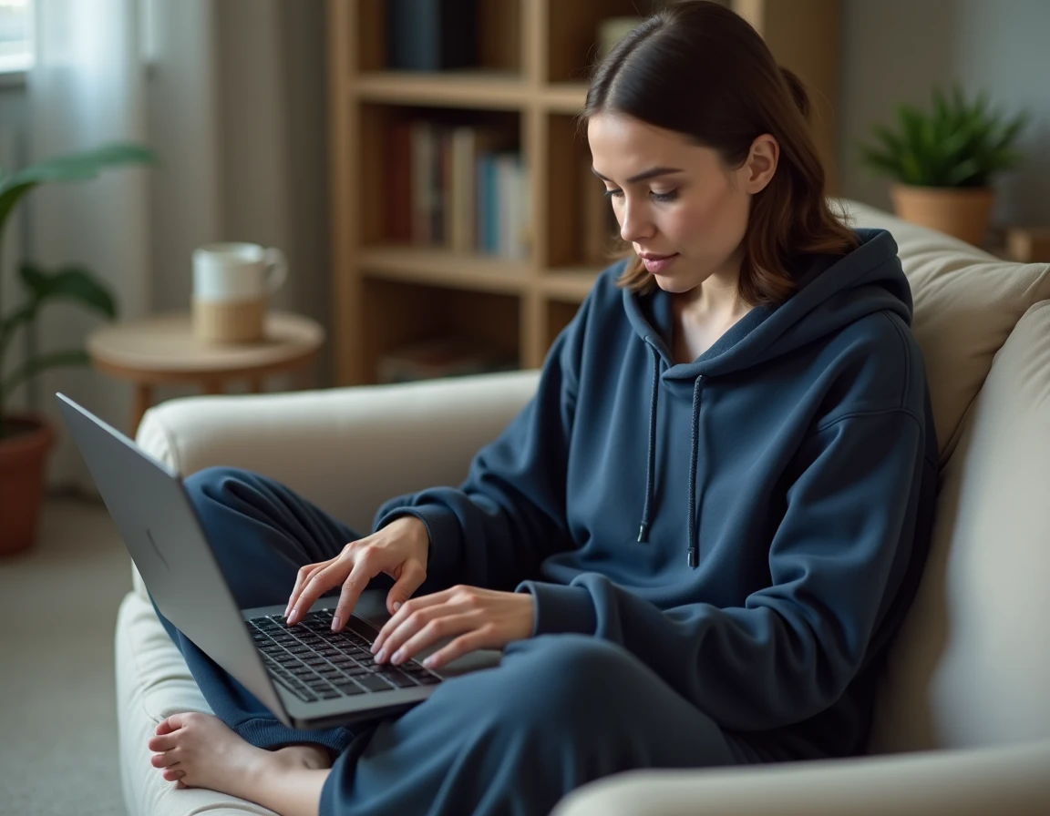 Femme testant sa vitesse de clic PCS en ligne sur un ordinateur portable dans son salon