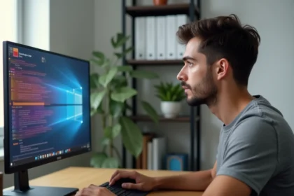 Jeune homme effectuant un test de vitesse de clic PCS en ligne sur son ordinateur de bureau