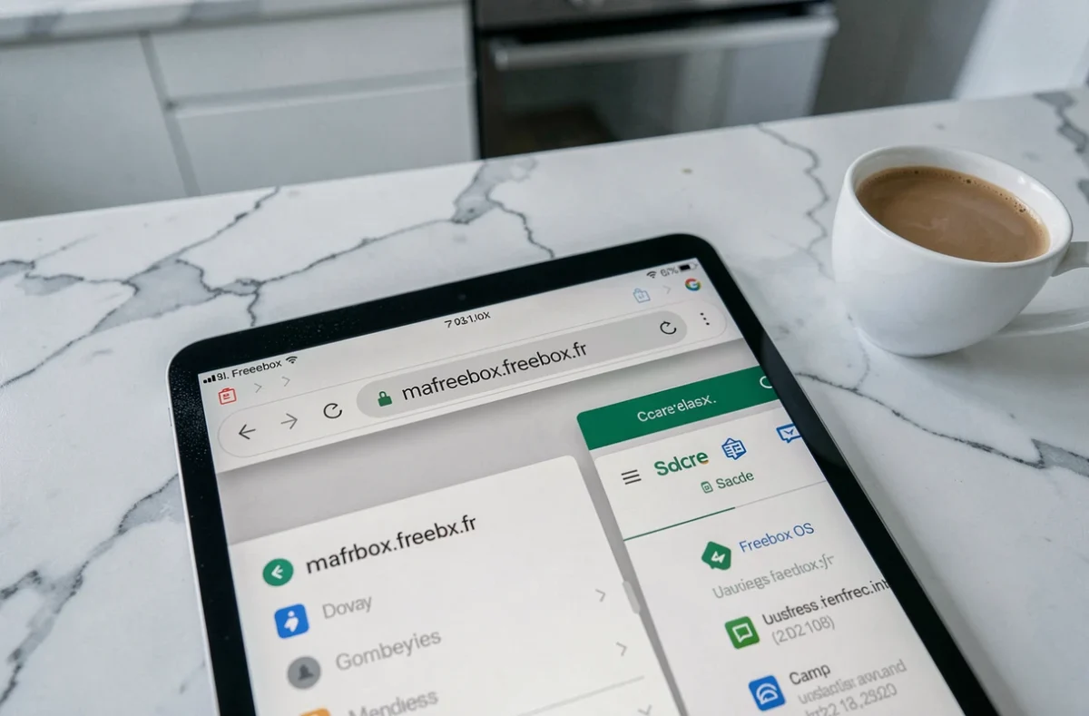 Tablette affichant l'URL mafreebox.freebox.fr dans un navigateur posée sur un comptoir en marbre pour accéder à Freebox OS