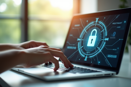 Personne utilisant un ordinateur portable avec cadenas numérique pour la privacy