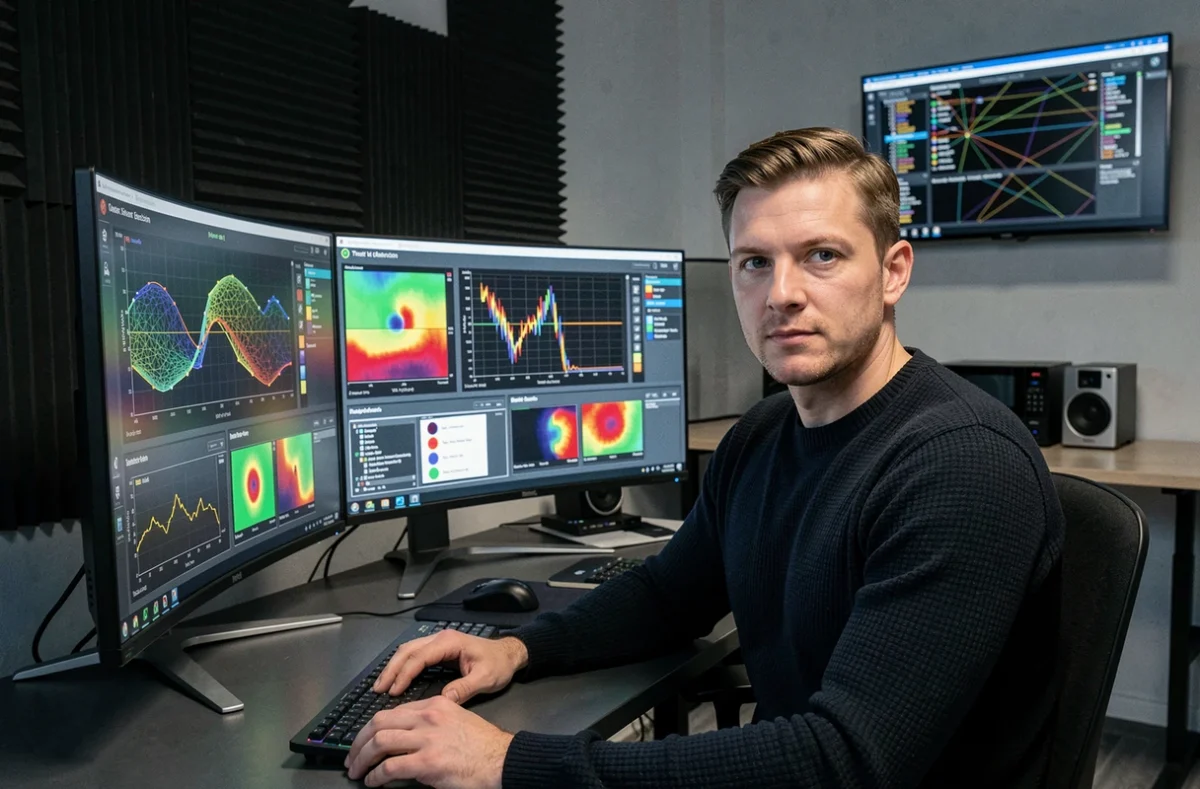 Chercheur en sécurité de Veictor analysant des données de détection de menaces par intelligence artificielle sur ses écrans à Lille