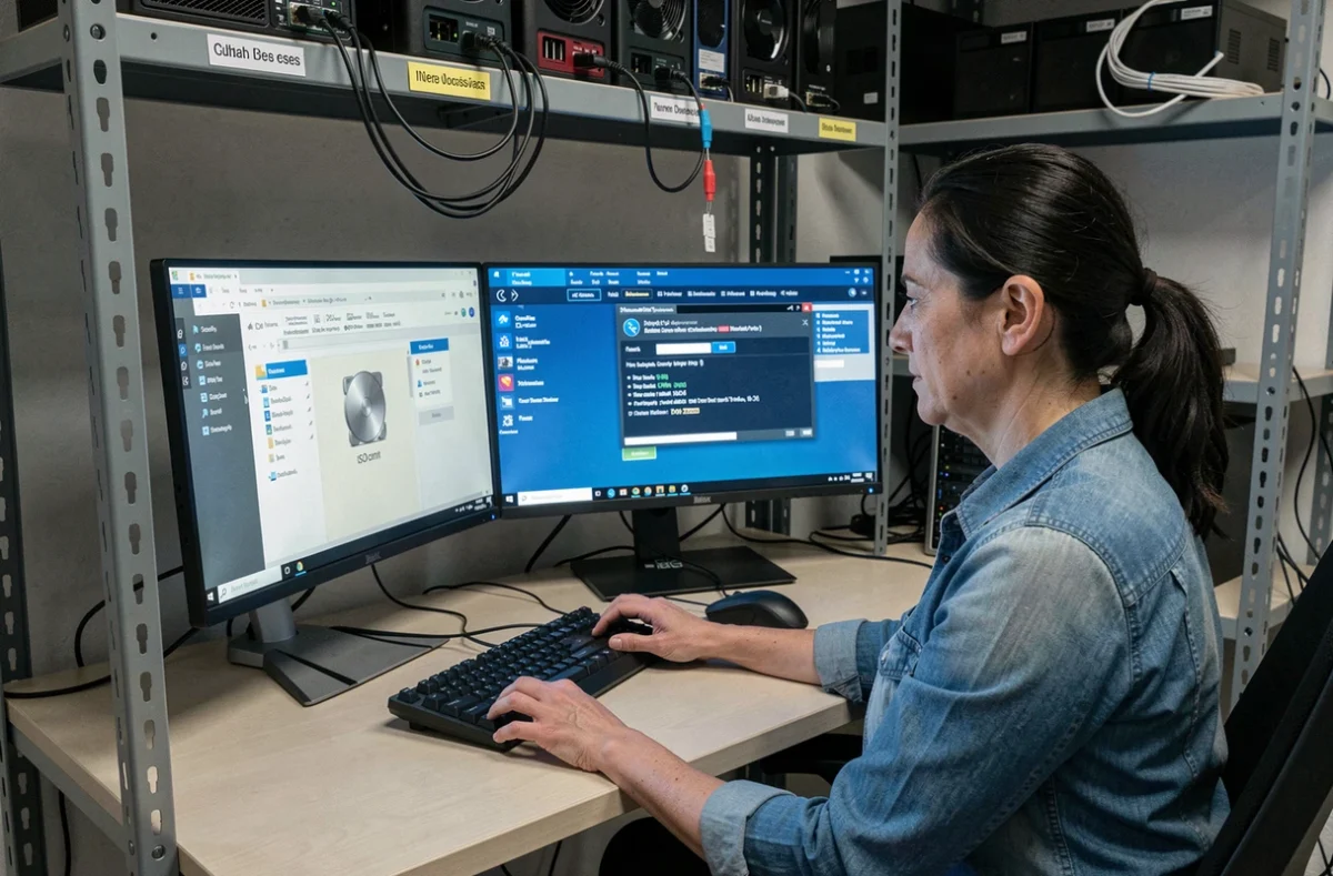 Femme technicienne vérifiant un fichier image ISO Windows sur un poste de travail informatique avec double écran