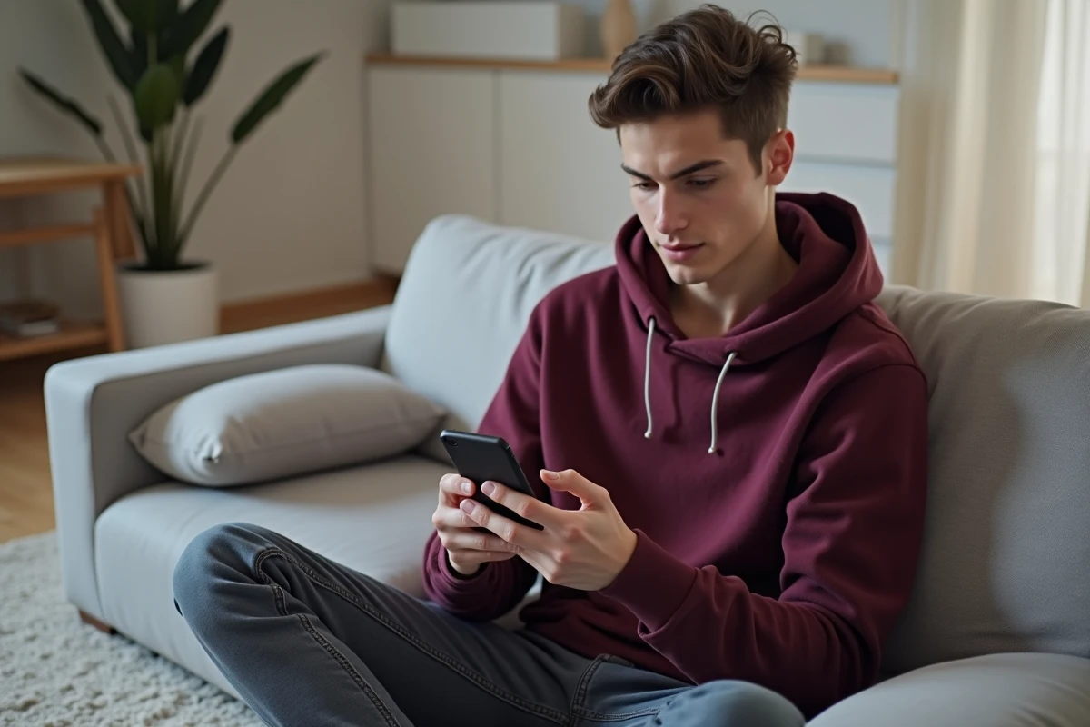 Jeune adulte vérifiant sa nouvelle boîte mail Yahoo sans spams sur smartphone dans un salon minimaliste