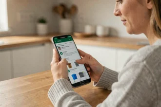Femme tenant un smartphone Samsung Galaxy et naviguant dans la corbeille Android pour vider les fichiers supprimés