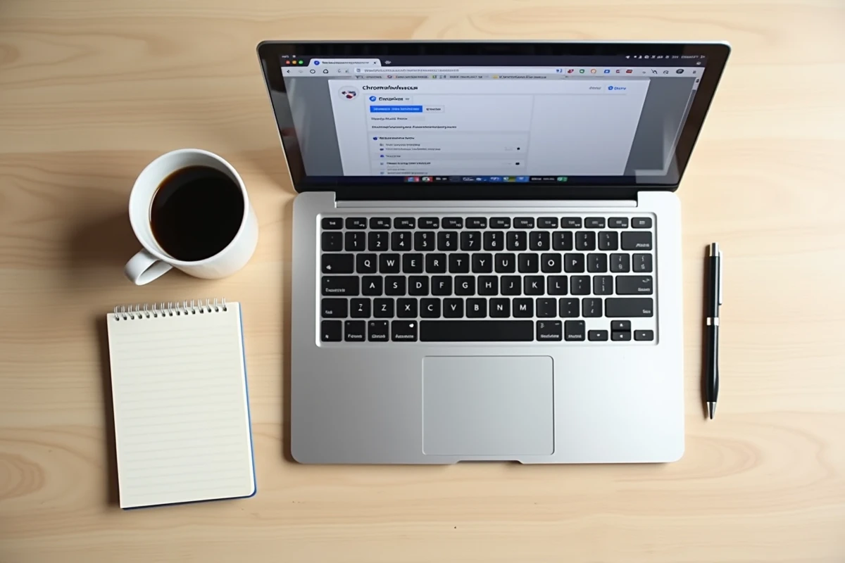Vue aérienne d'un laptop affichant les options expérimentales chrome flags avec un carnet de notes et un café