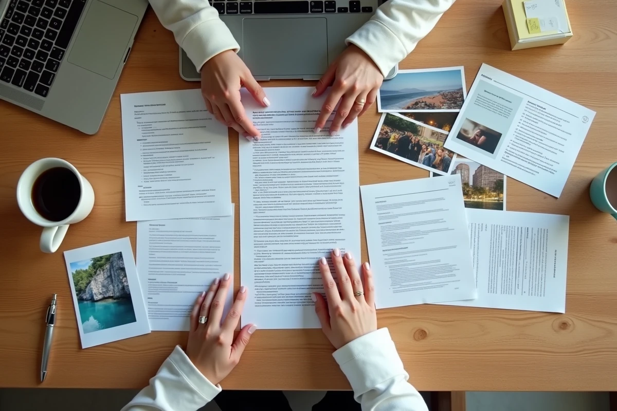 Vue aérienne d'un bureau avec documents PDF, Word et photos mélangés lors d'une session de travail