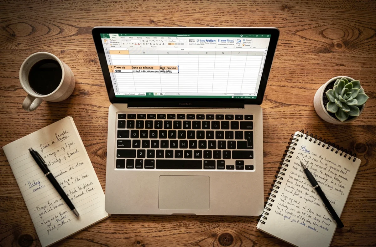 Vue aérienne d'un bureau avec un ordinateur portable ouvert sur un tableau Excel de calcul d'âge automatique et des notes manuscrites