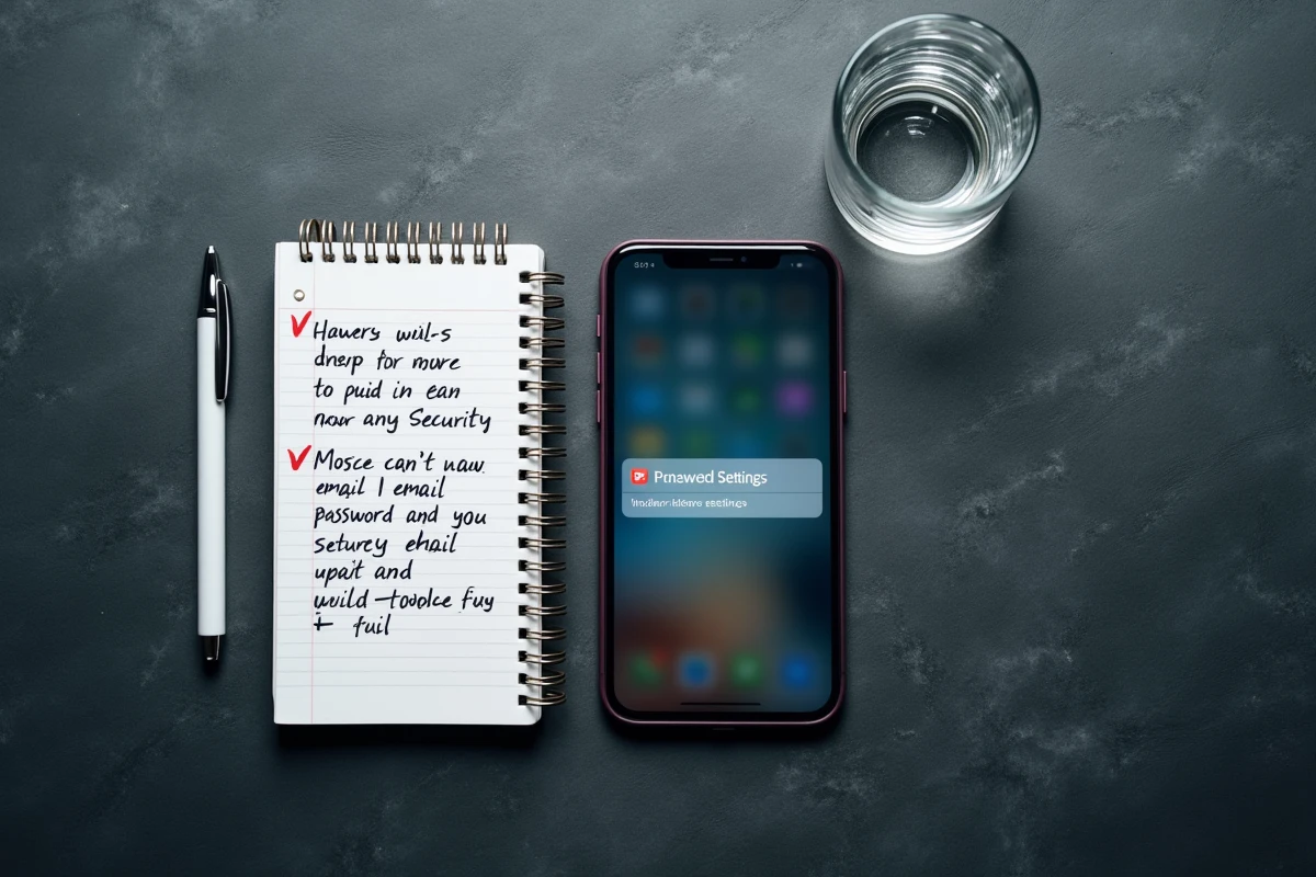 Vue du dessus d'un smartphone affichant les réglages de sécurité d'une messagerie Roundcube Free avec un carnet de notes sur un bureau