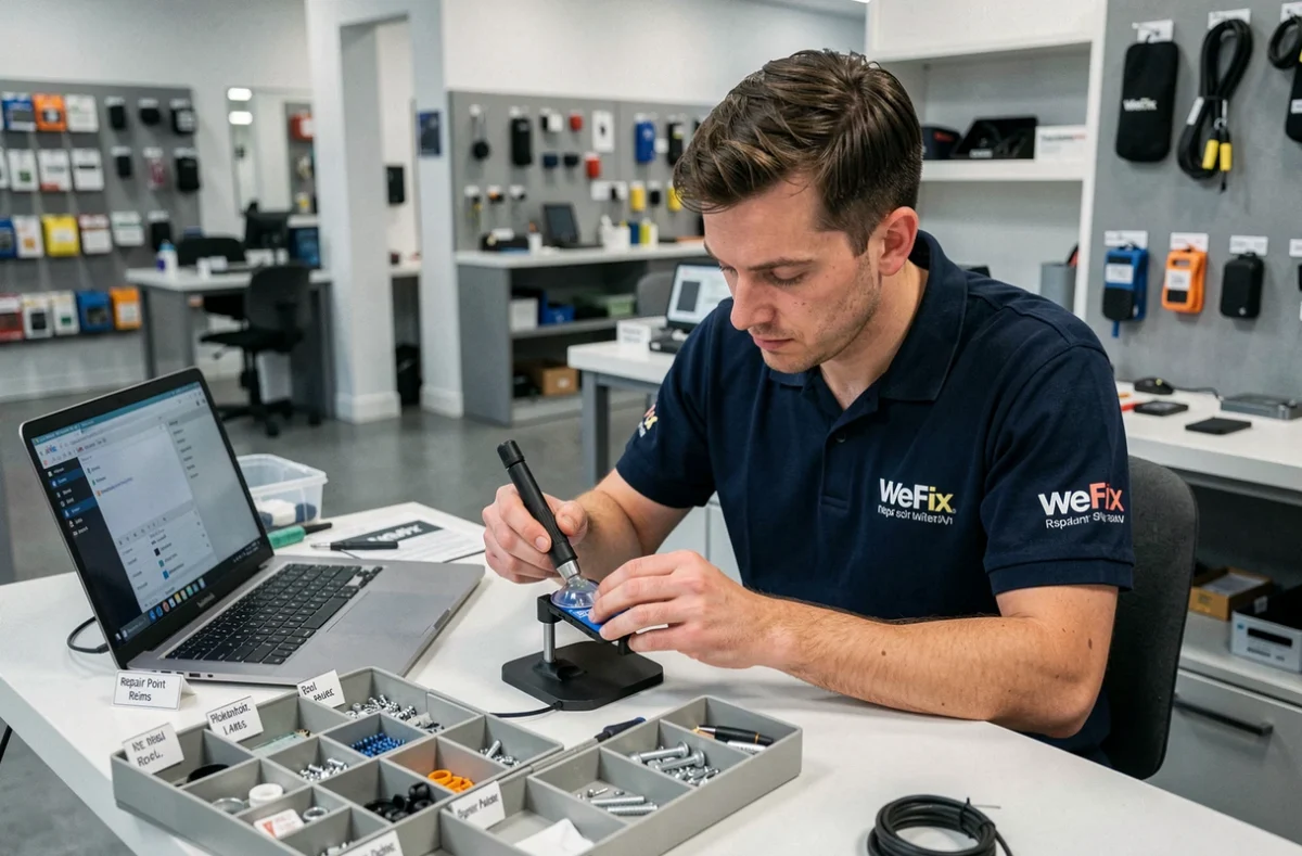 Technicien WeFix Reims au second point de vente en train d'ouvrir un smartphone pour réparation